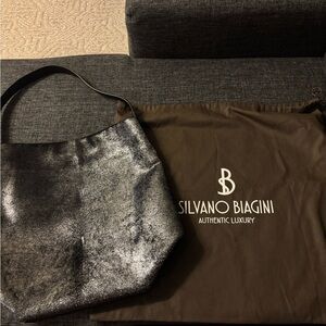 Silvano Biagini Metallic Black/silver calf real leather Italy Shoulder bag